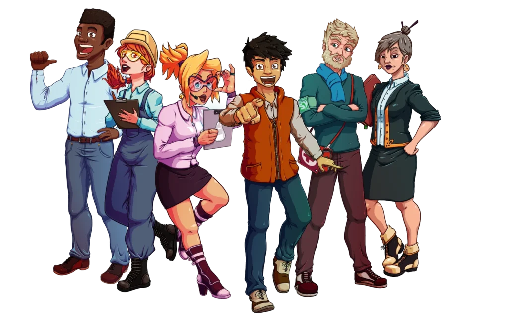 CARSAT : Risk Hour, l’enquête des risques d’accidents au travail ! 1 Illustration représentant tous les personnages du jeu de plateau Risk Hour.