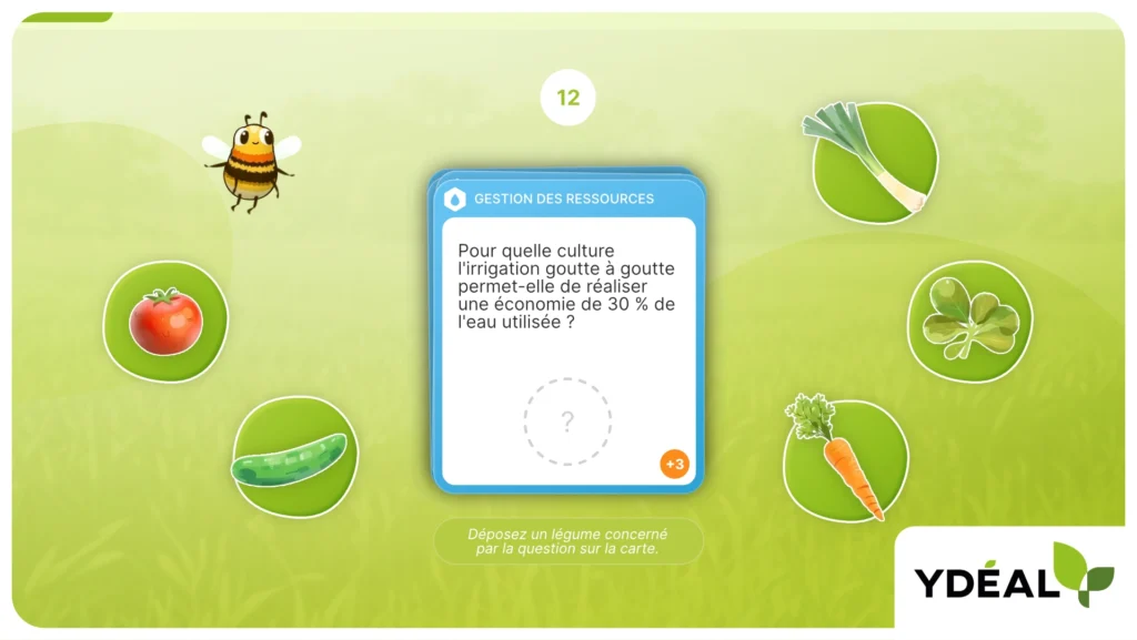 YDEAL - Borne pédagogique interactive Salon de l'Agriculture 2025 2 Screen de la solution gamifiée Ydeal pour le salon de l'agriculture, avec le visuel du deuxième jeu avec l'abeille qui pose une question à laquelle on doit répondre en déplaçant l'un des légumes dans le rond central pour trouver la bonne réponse